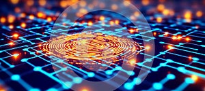 Biometric Authentication Concept Glowing Fingerprint on Digital Circuit Board with Binary Code