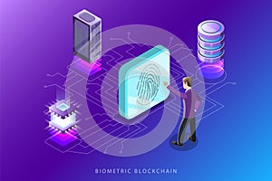 Biometric blockchain flat isometric vector concept illustration.