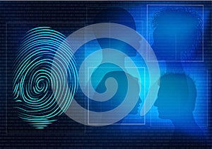 Biometric electronic system for identification of individual identity. Background with faces of people man and woman in profile si