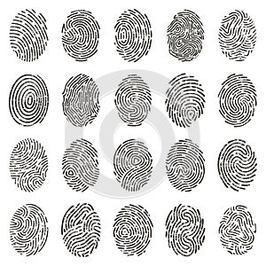 Biometric fingerprints. Human grunge individual finger prints, biometric thumb lines and hand marks. Fingerprints