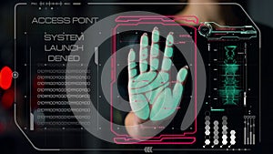 Biometric hand scanner denied hacker access check man identity security closeup