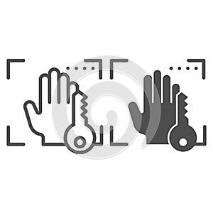 Biometric hand scanning and key line and glyph icon. Palmprint idendification vector illustration isolated on white