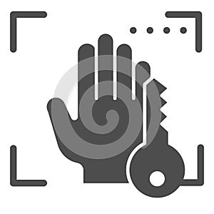 Biometric hand scanning and key solid icon. Palmprint idendification vector illustration isolated on white. Hand