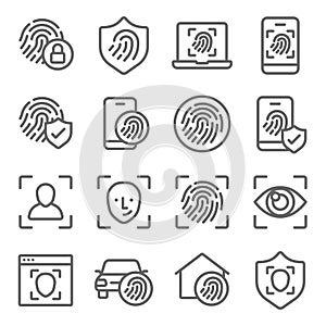 Biometric icons set vector illustration. Contains such icon as Fingerprint, Home Security, Car fingerprint, Fingerprint scan, Face