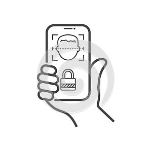 Biometric identification, face recognition system concept. Smartphone in hand scans a person face. Face ID, face recognition and