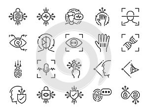 Biometric line icon set. Included icons as bio security, fingerprint scan, retina scan, face recognition, voice recognition, passw photo