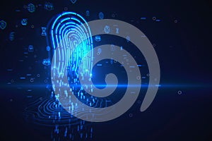Biometric security and cybernetic technology and password management concept with digital blue fingerprint made of coding numbers
