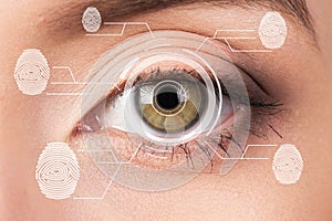 Biometric security retina scanner. Young woman eye fingerprint, imprint.