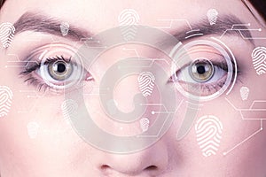 Biometric security retina scanner. Young woman fingerprint eye, imprint virtual reality. photo