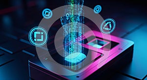 Biometric security scanner with glowing digital fingerprint and binary data stream for identification
