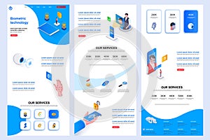 Biometric technology isometric landing page. Biometrics identification corporate website design template. Web banner