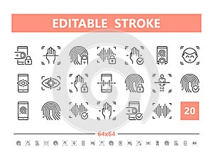 Biometric verification 20 line icons. Vector illustration in line style. Editable Stroke, 64x64, 256x256, Pixel Perfect.