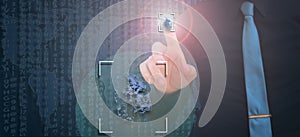 Biometric verification, businesman leaving fingerprint on virtual screen