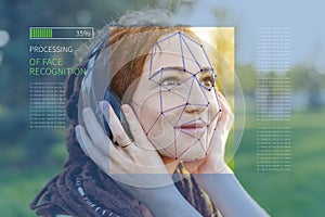 Biometric verification of a modern young woman. New technology of face recognition on polygonal grid