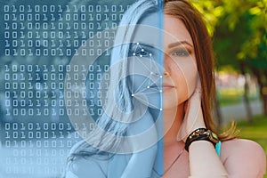 Biometric verification. young woman. The concept of a new technology of face recognition on polygonal grid.