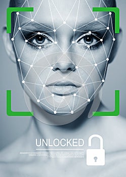 Biometric verification. Young woman. The concept of a technology of face recognition on polygonal grid