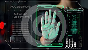 Biometrical palm system accessing user connection identifying hand print closeup