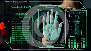 Biometrical palm system accessing user connection identifying hand print closeup photo