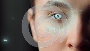 Biometrical retinal system analysing eye health closeup. Vision check concept.