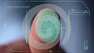 Biometrical scanner processing finger print identifying user access close up