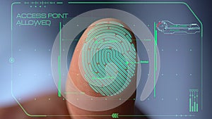 Biometrical scanner processing finger print identifying user access close up