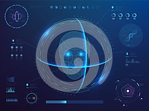 Biometrics digital face scanning, facial recognition software with hud interface, charts, diagram and dna detection data