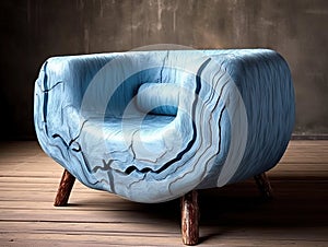 Biomorphic upholstered single seater sofa with texture in very light blue colors for an architecture room.