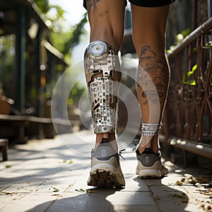 Bionic leg prosthesis on male legs. Disability with the musculoskeletal system. Motion recovery technology. New technological leg