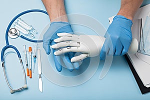 Bionic medical hand prosthesis. Amputation of arm photo