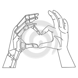 Bionic robot arm and human arm show heart together Line art drawing.Artificial intelligence vector illustration