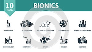 Bionics icon set. Monochrome simple Bionics icon collection. Microscope, Planetology, Molecular Structure, Bacteriology