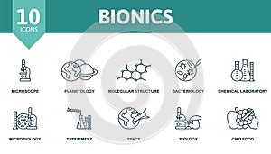 Bionics icon set. Monochrome simple Bionics icon collection. Microscope, Planetology, Molecular Structure, Bacteriology