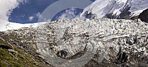 Bionnassay Glacier amazes with its power. Mont Blanc Alps. Mont Blanc Tramway