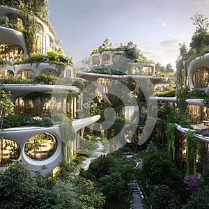 Biophilic Architecture Lush Green Futuristic Building at Dusk photo