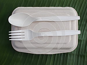 bioplastic spoon fork and disposable lunch box on banana leaf photo