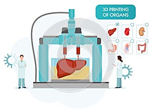 Bioprinting concept, 3D printing of the liver, stomach, lungs, kidneys and heart. scientists with 3D printer. Colorful photo
