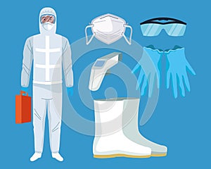 Biosafety worker with equipment elements for covid19 protection