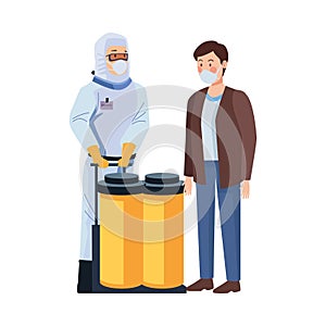 Biosafety worker with tanks and man