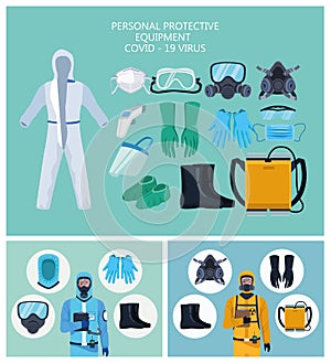 Biosafety workers with equipment elements for covid19 protection