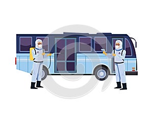 Biosafety workers with sprayer and thermometer in bus