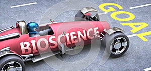 Bioscience helps reaching goals, pictured as a race car with a phrase Bioscience on a track as a metaphor of Bioscience playing