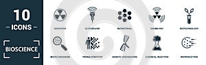 Bioscience icon set. Monochrome sign collection with science, laboratory, bioengineering, brain stimulation and over icons.