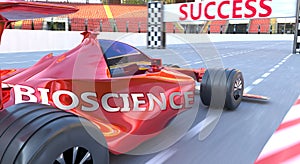 Bioscience and success - pictured as word Bioscience and a f1 car, to symbolize that Bioscience can help achieving success and