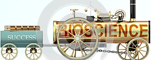 Bioscience and success - symbolized by a steam car pulling a success wagon loaded with gold bars to show that Bioscience is