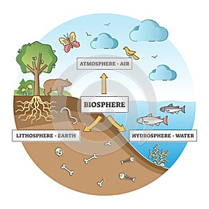 Biosphere division with labeled ecosystem explanation scheme outline concept photo