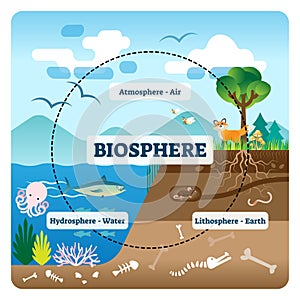 Biosphere vector illustration. Labeled all natural ecosystems with wildlife