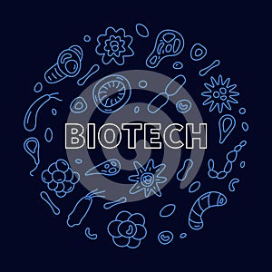 Biotech concept outline vector round blue banner - Biotechnology Science illustration