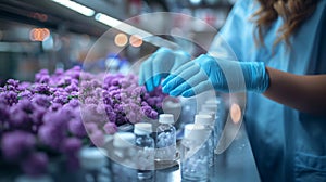 Biotech specialist inspecting purple flowers