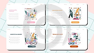 Biotechnologist web banner or landing page set. Technical biochemist controling