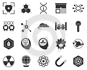 Biotechnology, atom. Bioengineering glyph icons set. Biotechnology for health, researching, materials creating. Molecular biology